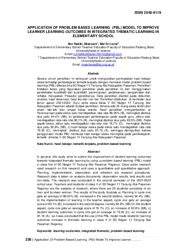 (PDF) Application of Problem Based Learning (PBL) Model to Improve ...