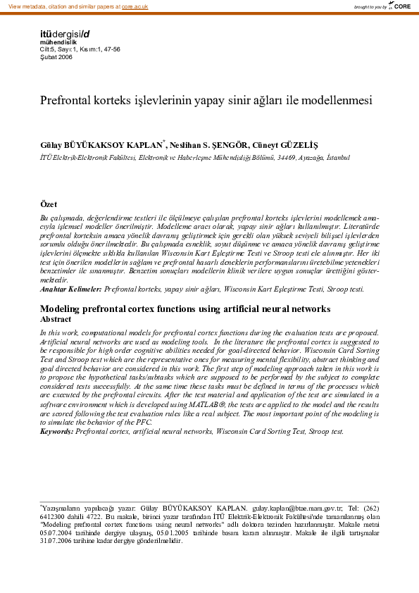 (PDF) Modeling prefrontal cortex functions using artificial neural networks