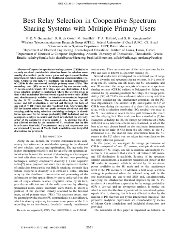 (PDF) Best relay selection in cooperative spectrum sharing systems with ...