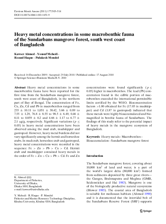 (PDF) Heavy Metal Levels in Macrobenthic Fauna of Sundarbans