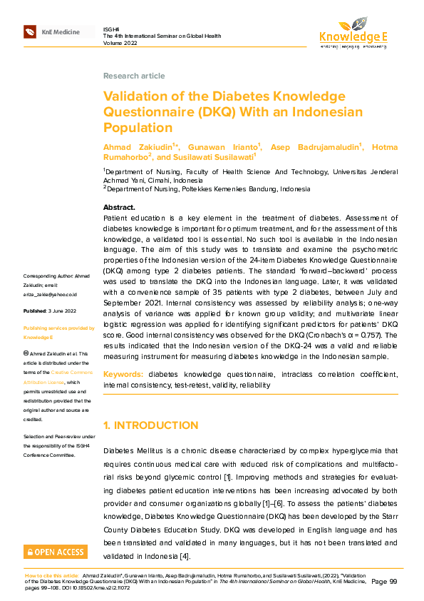 (PDF) Validation of the Diabetes Knowledge Questionnaire (DKQ) With an