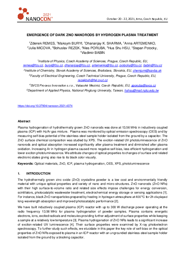 (PDF) Emergence of DARK ZnO Nanorods by Hydrogen Plasma Treatment