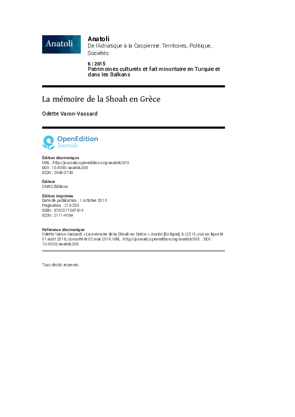 (PDF) La mémoire de la Shoah en Grèce — free download