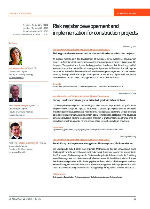 (PDF) Razvoj i implementacija registra rizika kod građevinskih projekata