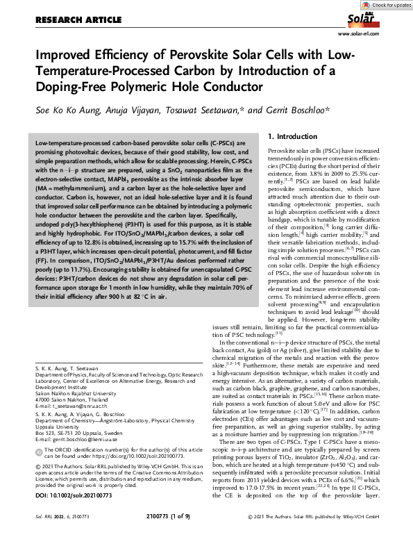 (PDF) Improved Efficiency of Perovskite Solar Cells with Low ...