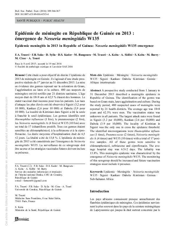 Epidémie de méningite en République de Guinée en 2013 : émergence de Nesseria meningitidis W135