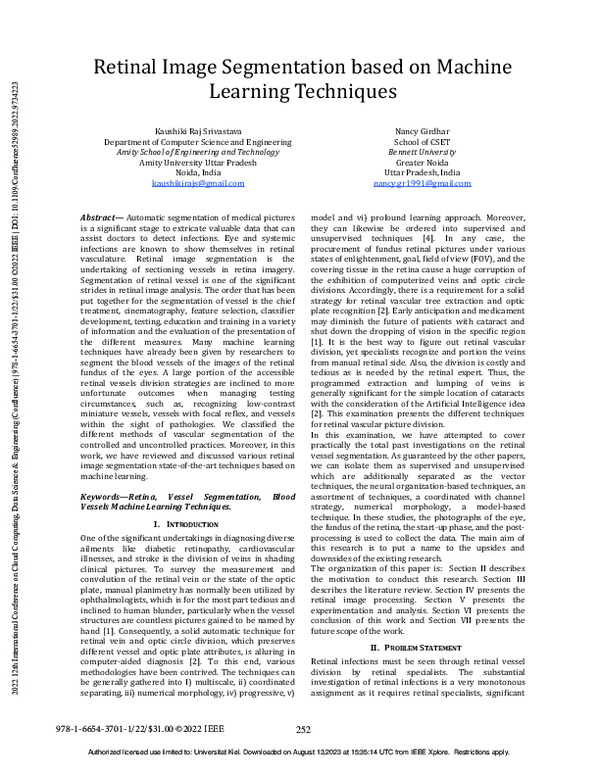 (PDF) Retinal Image Segmentation based on Machine Learning Techniques