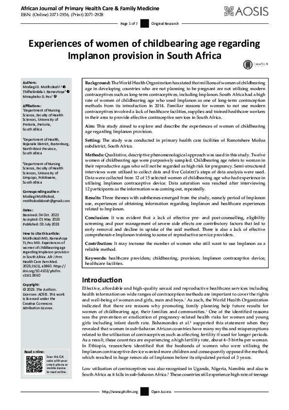 (PDF) Experiences of women of childbearing age regarding Implanon ...