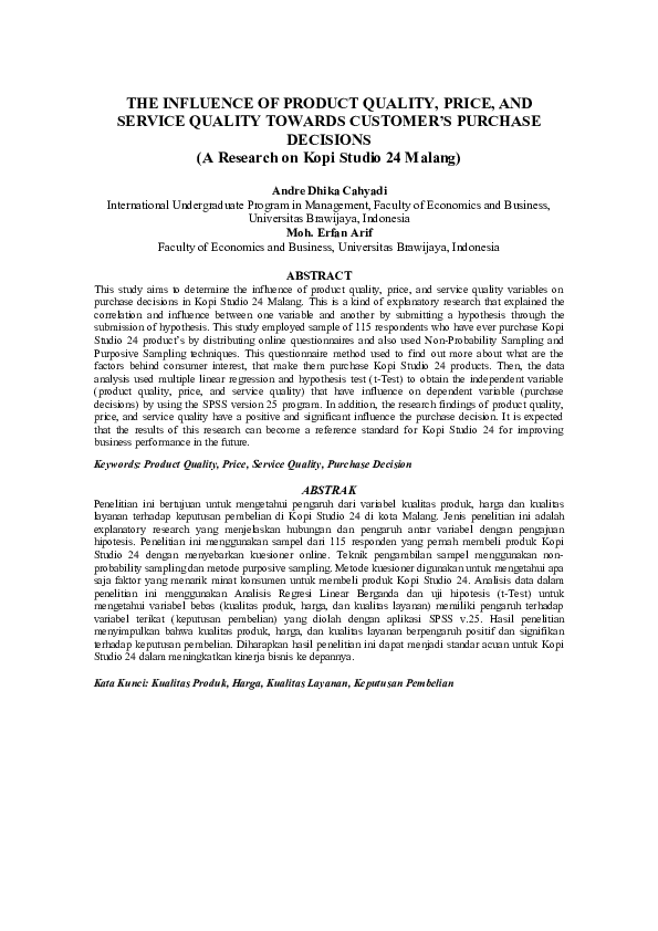 (DOC) THE INFLUENCE OF PRODUCT QUALITY, PRICE, AND SERVICE QUALITY ...