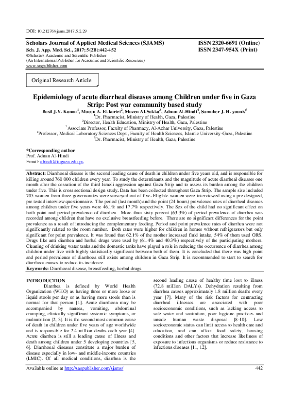 (PDF) Epidemiology of acute diarrheal diseases among Children under ...