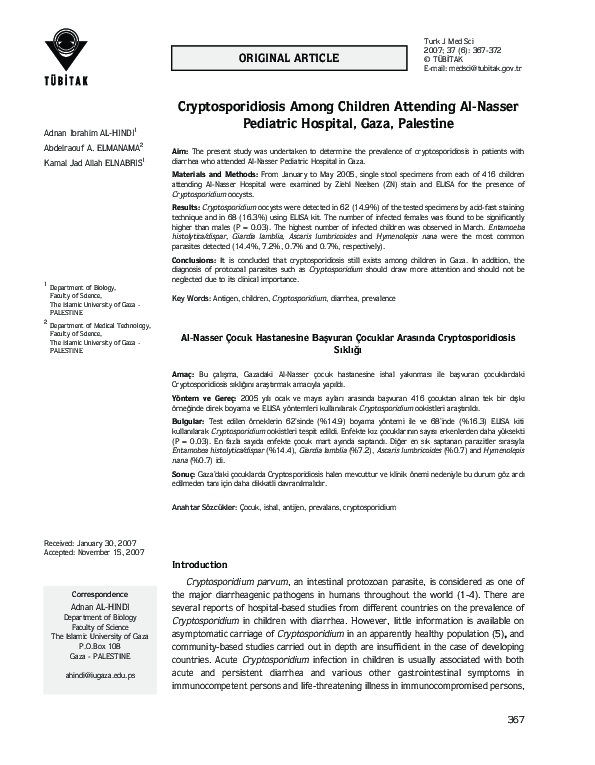 (PDF) Cryptosporidiosis Among Children Attending Al-Nasser Pediatric ...