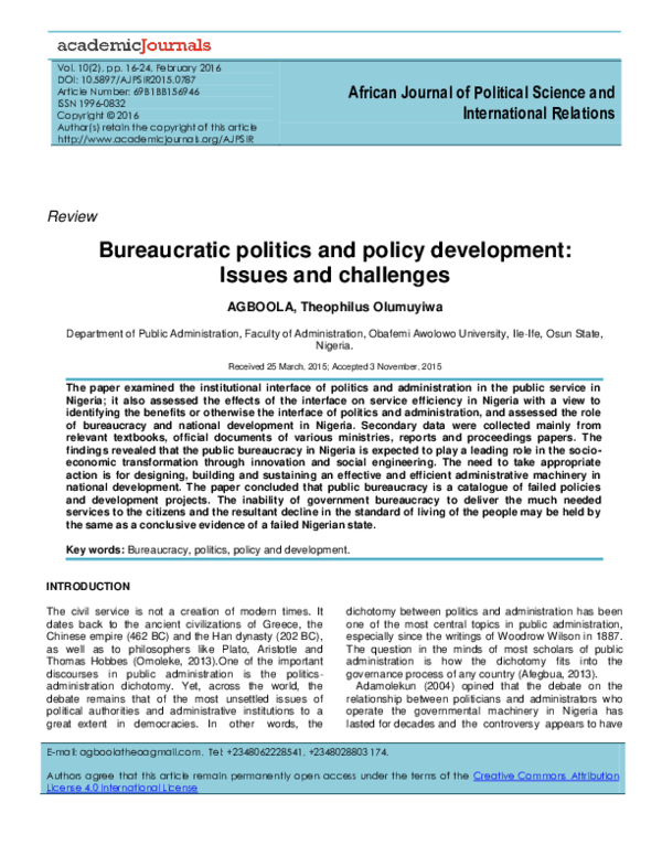 (PDF) Bureaucratic politics and policy development: Issues and challenges