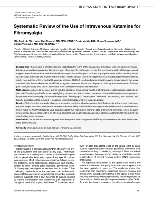 (PDF) Systematic Review of the Use of Intravenous Ketamine for Fibromyalgia