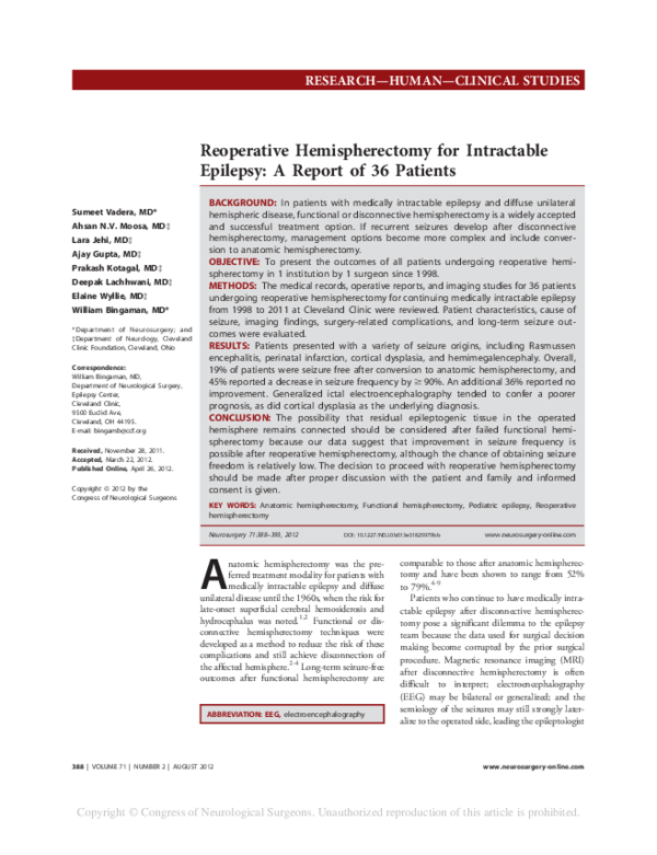 (PDF) Reoperative hemispherectomy for intractable epilepsy: a report of ...