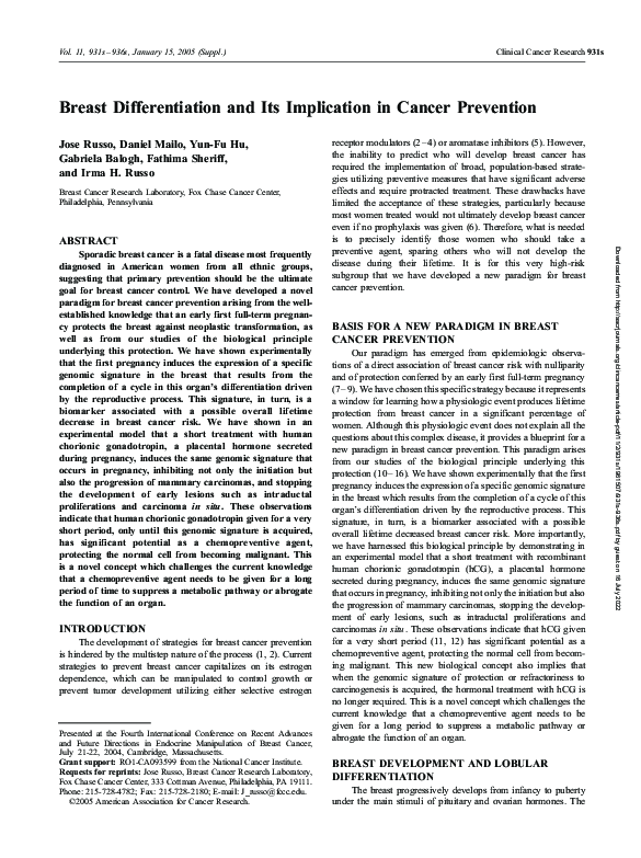 (PDF) Breast Differentiation and Its Implication in Cancer Prevention