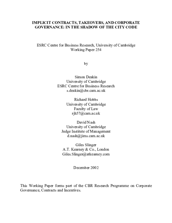 (PDF) Implicit Contracts, Takeovers and Corporate Governance : In the ...