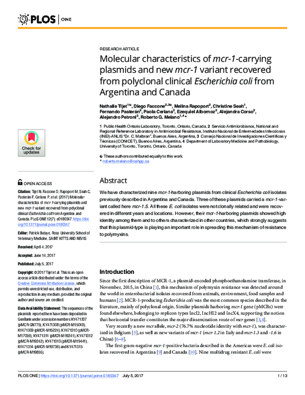 (PDF) Molecular characteristics of mcr-1-carrying plasmids and new mcr ...