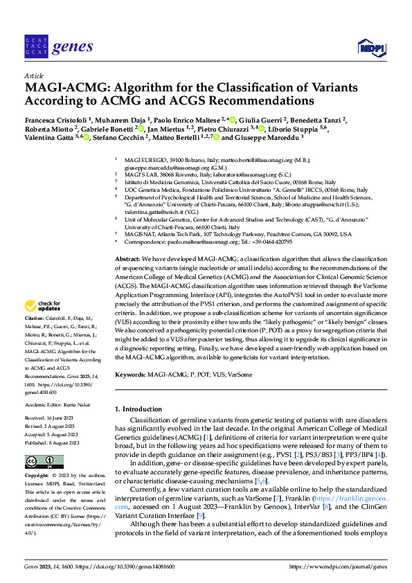 (PDF) MAGI-ACMG: Algorithm for the Classification of Variants According ...