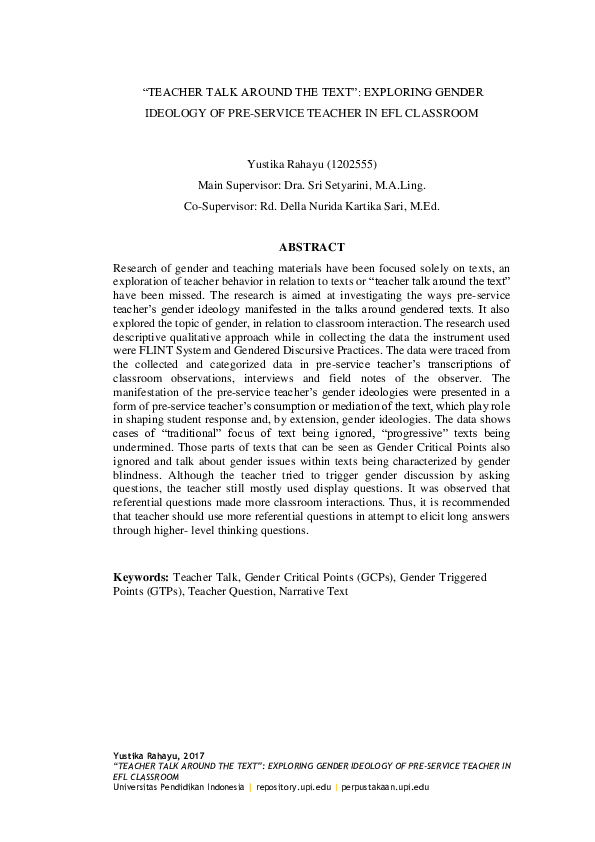 (PDF) Teacher Talk Around the Text: Exploring Gender Ideology of Pre ...