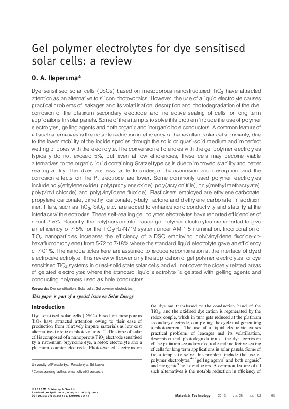 (PDF) Gel polymer electrolytes for dye sensitised solar cells: a review