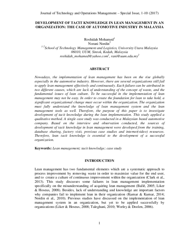 (PDF) Development of tacit knowledge in lean management in an ...