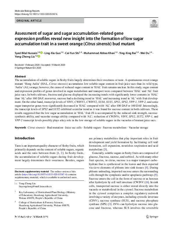 (PDF) Assessment of sugar and sugar accumulation-related gene ...