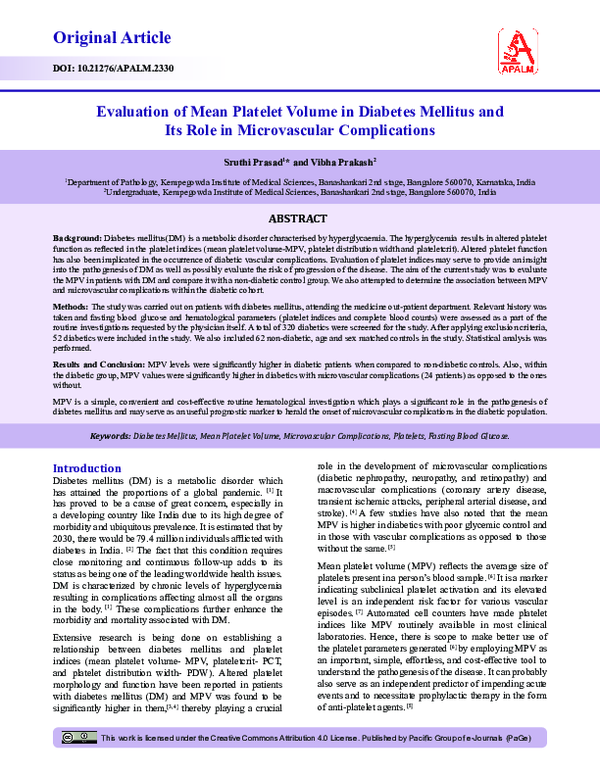 (PDF) Evaluation of Mean Platelet Volume in Diabetes Mellitus and Its ...