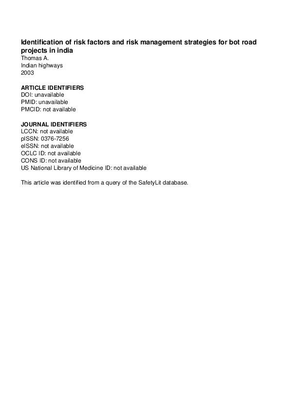 (PDF) Identification of risk factors and risk management strategies for ...