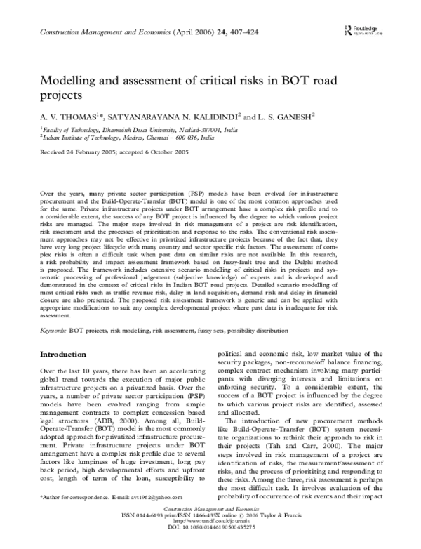 (PDF) Modelling and assessment of critical risks in BOT road projects