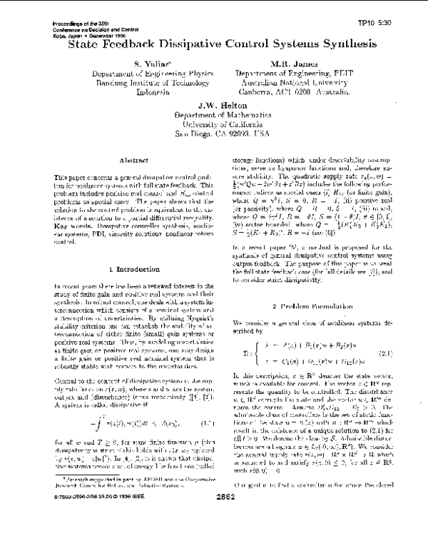 (PDF) State feedback dissipative control systems synthesis