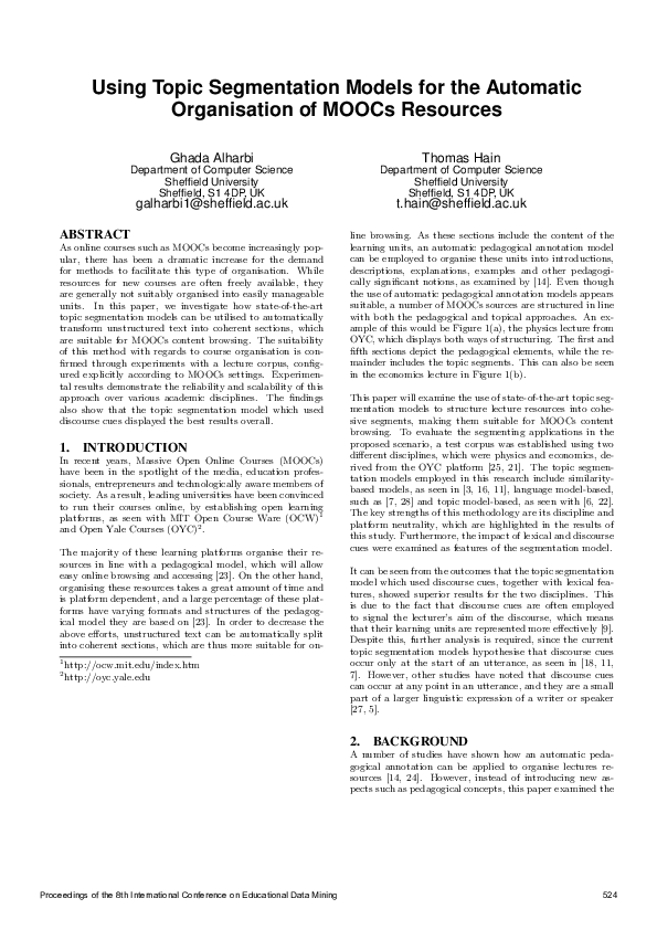 (PDF) Using Topic Segmentation Models for the Automatic Organisation of ...