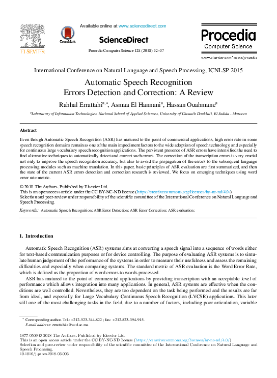 (PDF) Automatic Speech Recognition Errors Detection and Correction A