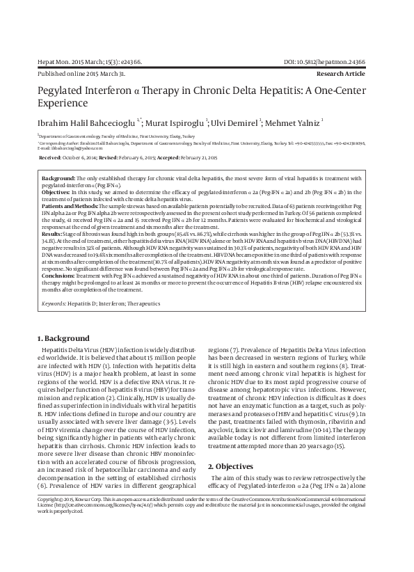 (PDF) Pegylated Interferon α Therapy in Chronic Delta Hepatitis: A One ...