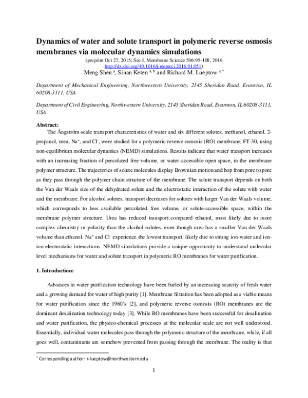 (PDF) Dynamics of water and solute transport in polymeric reverse ...