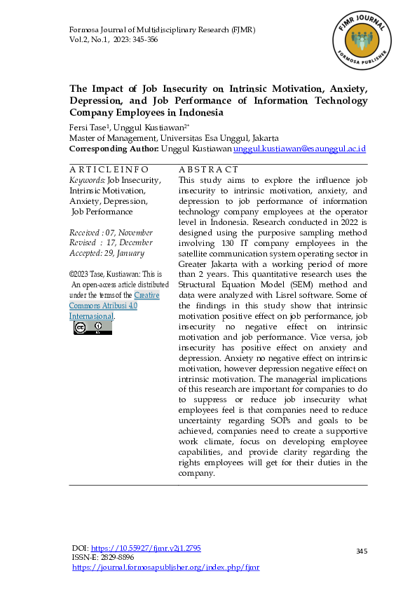 Pdf The Impact Of Job Insecurity On Intrinsic Motivation Anxiety