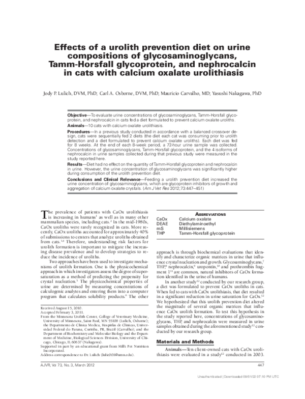 (PDF) Effects of a urolith prevention diet on urine compositions of ...