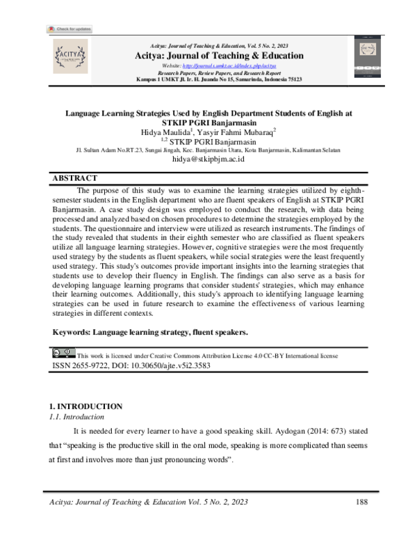 (PDF) Language Learning Strategies Used by English Department Students ...
