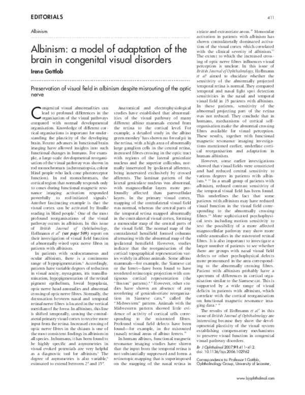 (PDF) Albinism: a model of adaptation of the brain in congenital visual ...