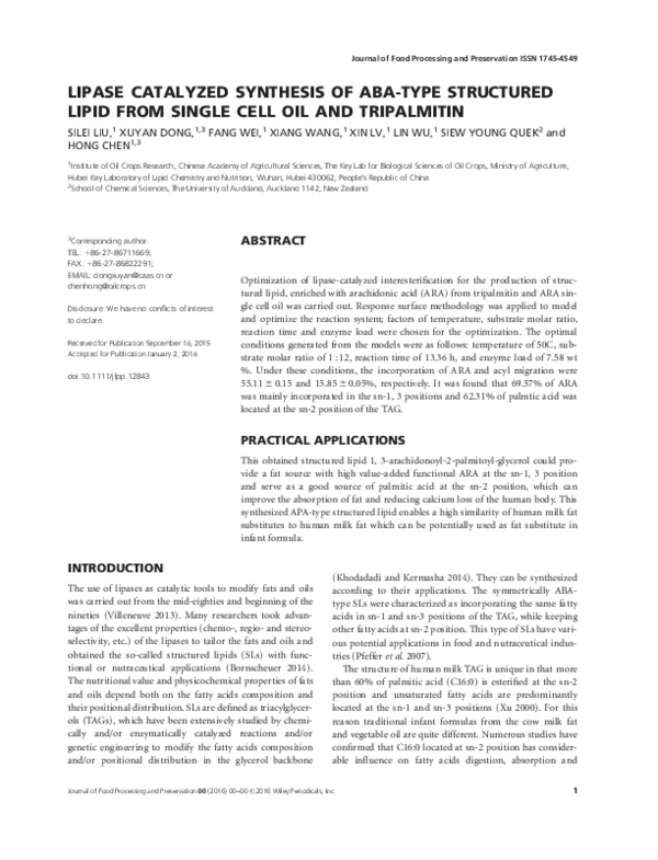 (PDF) Lipase Catalyzed Synthesis of ABA-Type Structured Lipid from ...