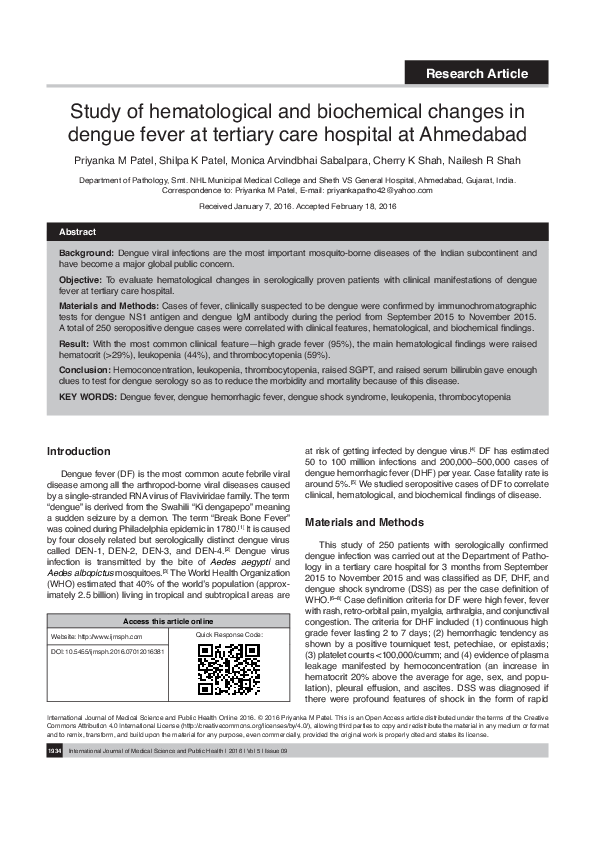 (PDF) Study of hematological and biochemical changes in dengue fever at ...