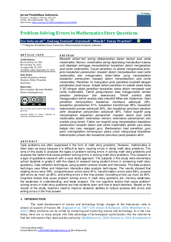 (PDF) Problem Solving Errors in Mathematics Story Questions