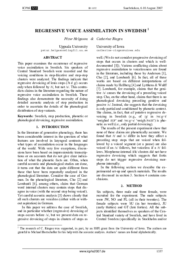 (PDF) Regressive Voice Assimilation in Swedish 1