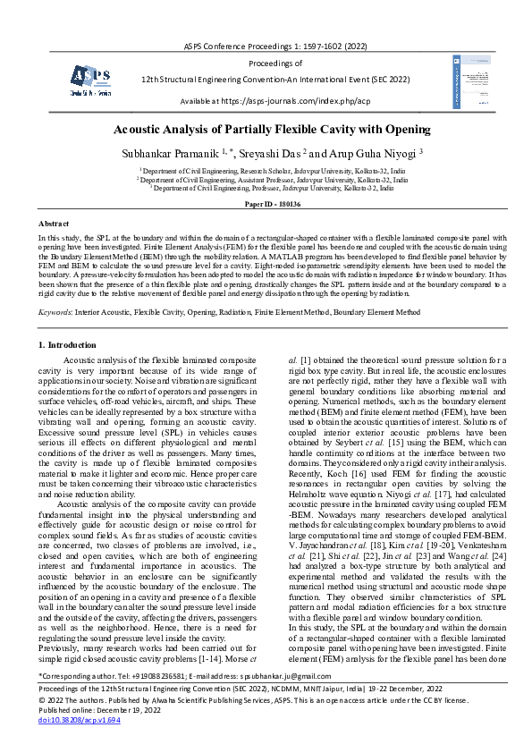 (PDF) Acoustic Analysis of Partially Flexible Cavity with Opening