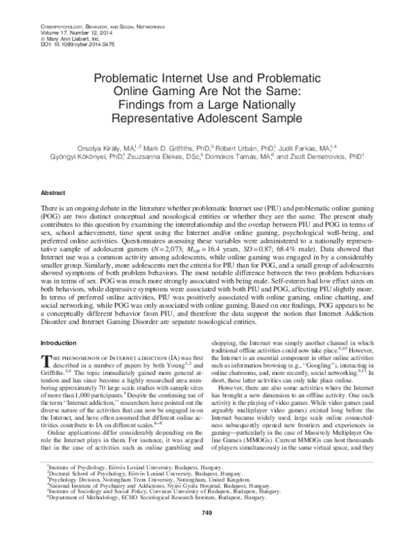 (PDF) Problematic Internet Use and Problematic Online Gaming Are Not ...