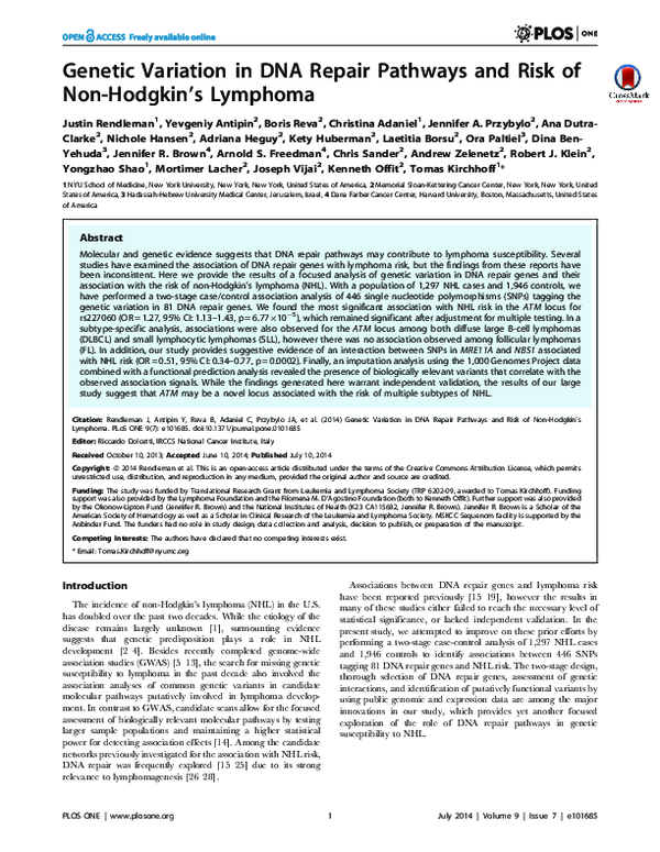 (PDF) Genetic variation in DNA repair pathways and risk of non-Hodgkin ...