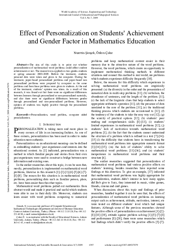 (PDF) Effect Of Personalization On Students' Achievement And Gender ...