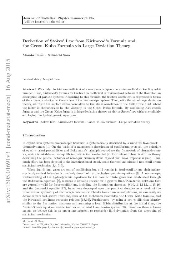 (PDF) Derivation of Stokes’ Law from Kirkwood’s Formula and the Green ...