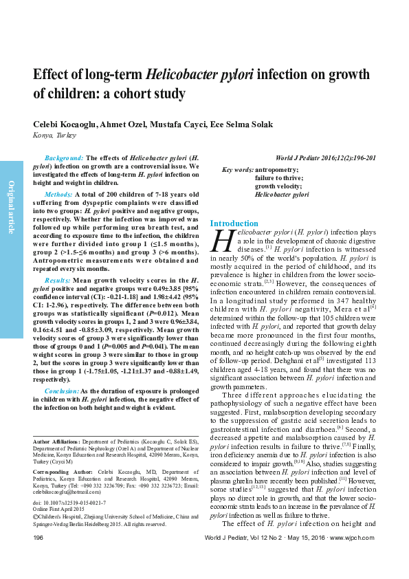 (PDF) Effect of long-term Helicobacter pylori infection on growth of ...