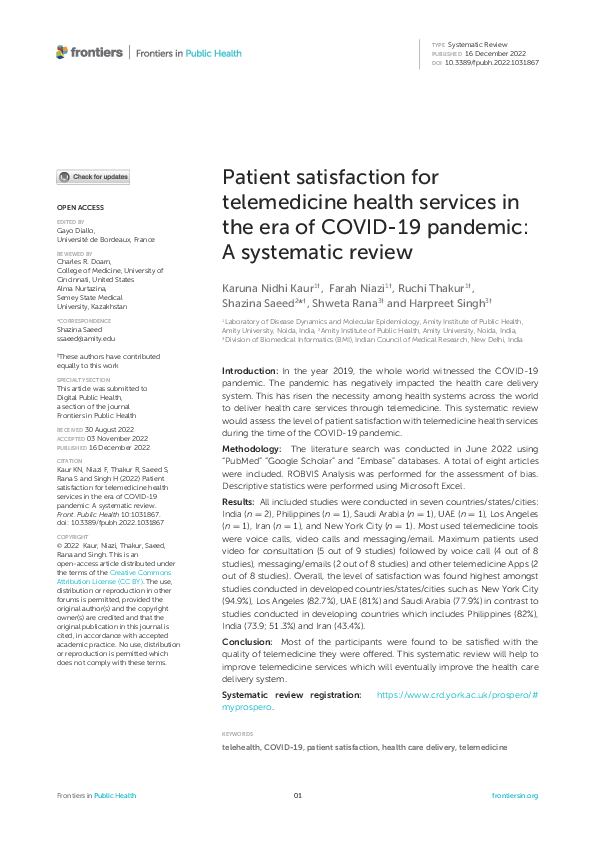 (PDF) Patient satisfaction for telemedicine health services in the era ...