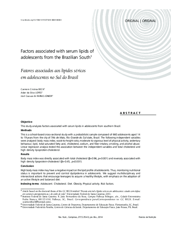 (PDF) Factors associated with serum lipids of adolescents from the ...